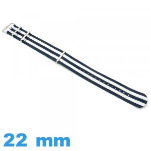 Bracelet tissu 22mm N.A.T.O Bleu foncé et Blanc  pour montre