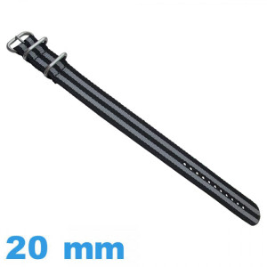 Bracelet de Montre N.A.T.O 20mm Noir et Gris rayé