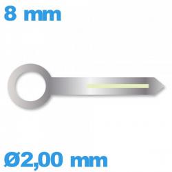 Aiguille argenté seule  Ø2,00 mm longueur : 8mm cadran principal (heure) pour mouvement  lumineuse nuit