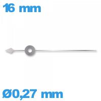 Aiguille à l'unité pour mouvement montre argenté diamètre : 0,27 mm  taille : 16 mm cadran central des secondes 