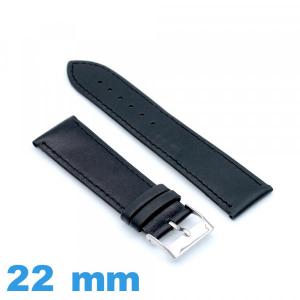 Bracelet Cuir véritable de veau lisse  noir pour montre 22mm