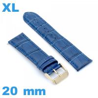 Bracelet montre grande longueur 20 mm bleu Cuir véritable de veau de luxe XL