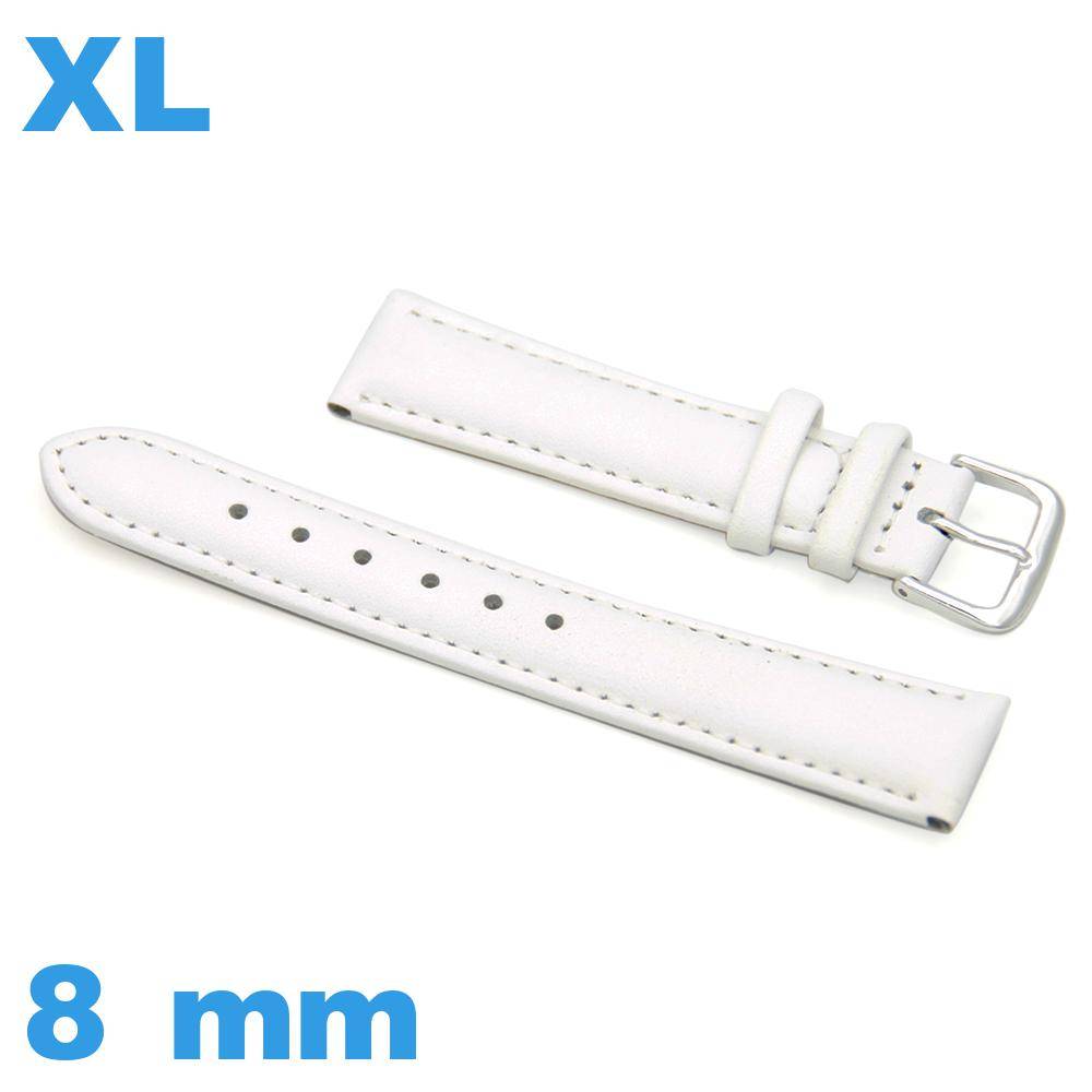 Bracelet montre grande longueur 8mm blanc Cuir véritable de veau lisse XL