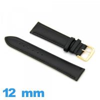 Bracelet Cuir véritable de veau lisse  noir de montre 12 mm