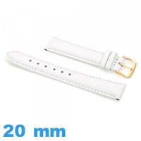 Bracelet 20 mm pour montre blanc Cuir véritable de veau lisse 