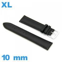 Bracelet Cuir véritable de veau lisse  noir grande longueur pour montre 10 mm