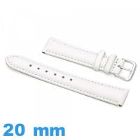 Bracelet Cuir véritable de veau lisse  blanc montre 20 mm
