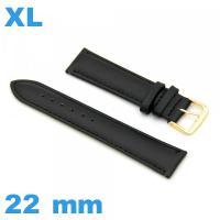 Bracelet montre noir gros poignet Cuir véritable de veau lisse  22 mm