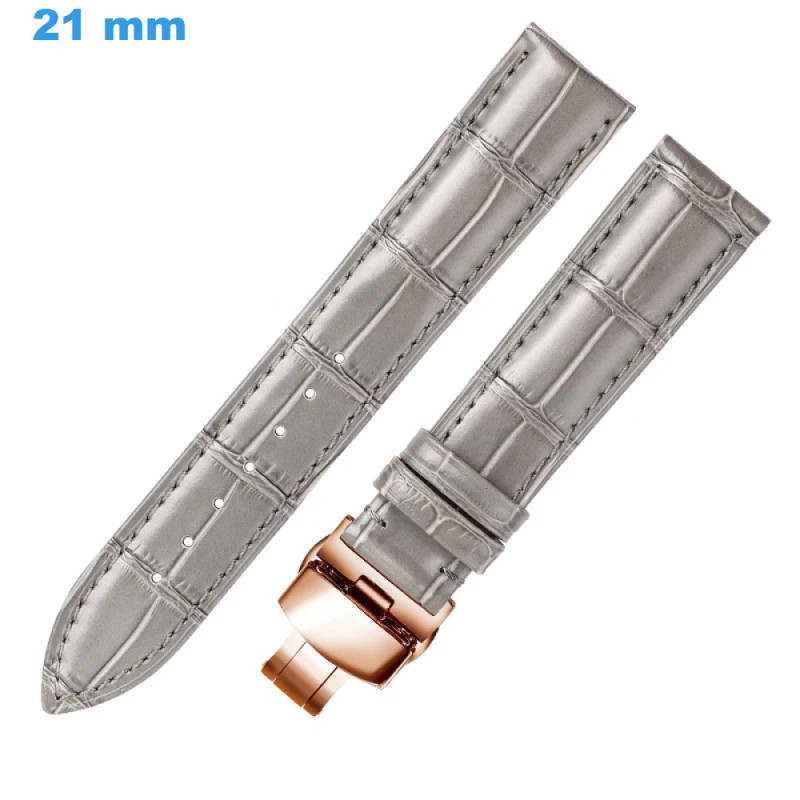 Bracelet 21 mm Cuir véritable pour montre Gris fermoir Papillon