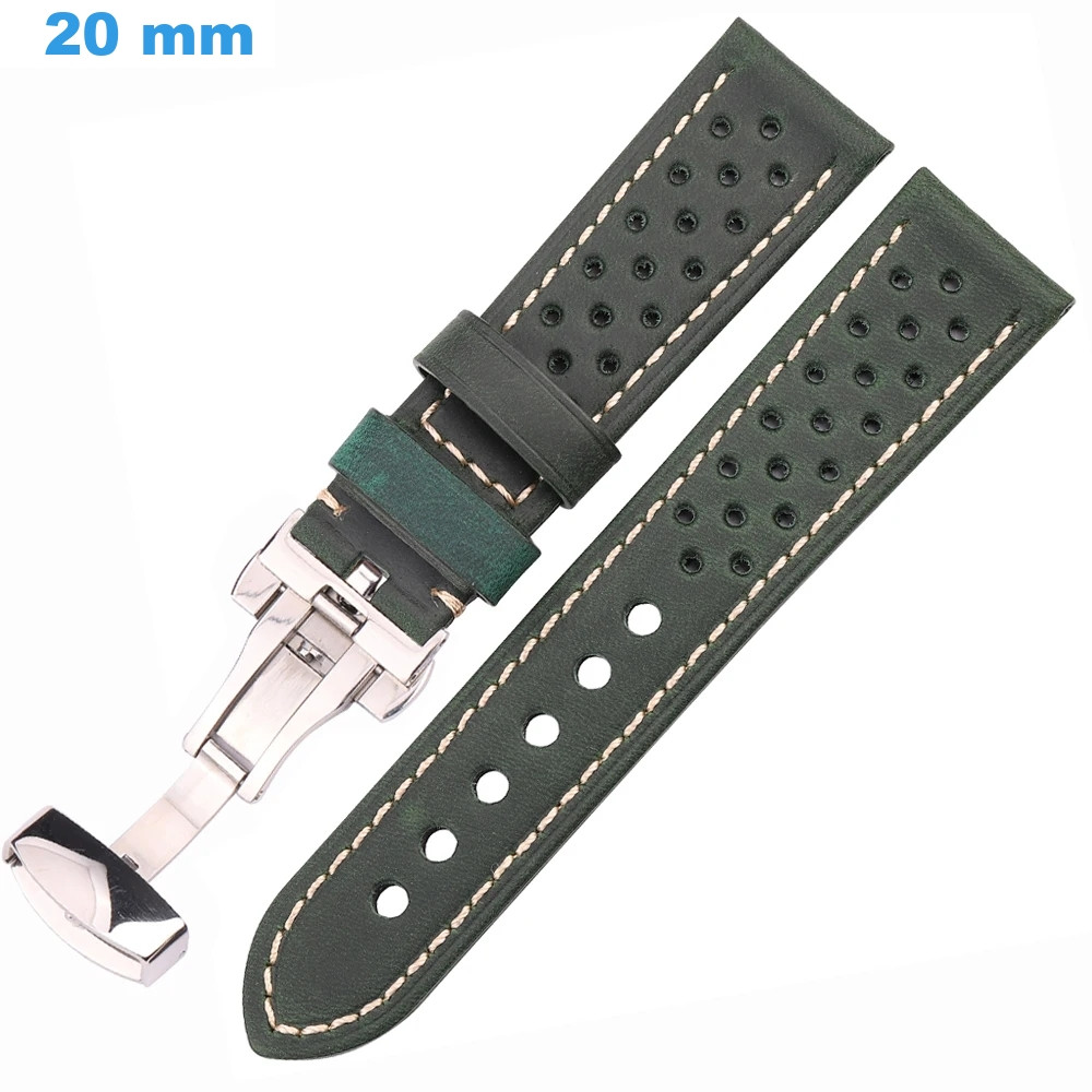 Sulla Bracelet de montre en cuir véritable de 20 mm avec boucle déployante en acier inoxydable - Coutures noires et rouges, 20mm Sulla Bracelet de montre en cuir véritable de 20 mm avec boucle déployante en acier inoxydable - Coutures noires et rouges, 20mm