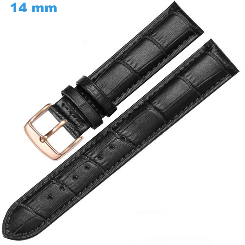 Bracelet Noir 14 mm Cuir véritable montre boucle Ardillon