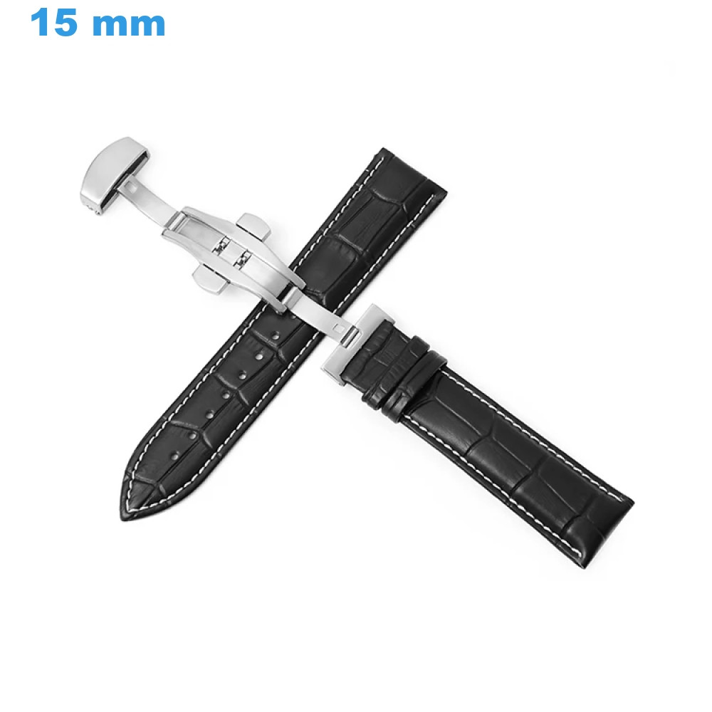 Bracelet De Montre Cuir Véritable 24 Mm - Noir Lisse - Boucle Pré-V - Neuf