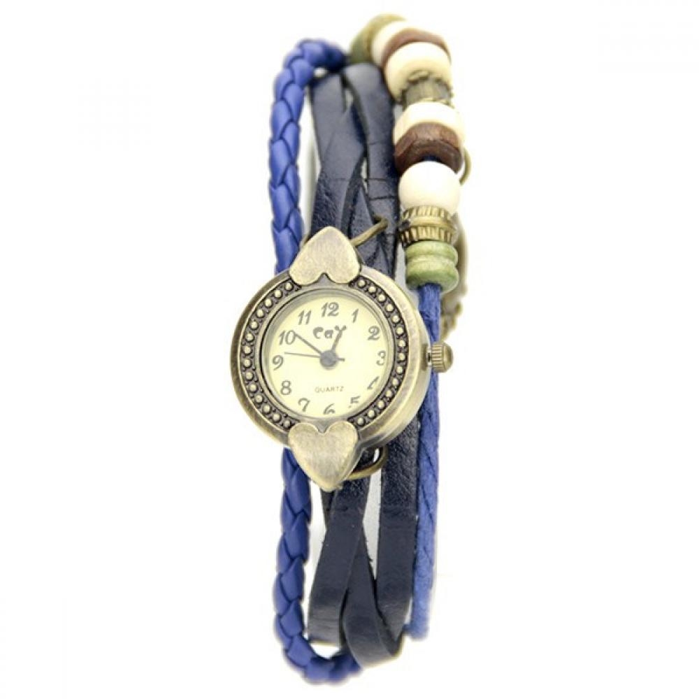 Montre Femme Budget Beauté, Cadran Doré Petits Cœurs, Bracelet Simili Cuir Bleu