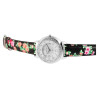 Montre Femme Excellanc bracelet cuir synthétique noir fleuri cadran blanc lunette strass
