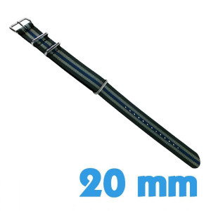 Bracelet NATO 20 mm rayé noir, gris et bleu en nylon