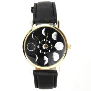 Montre phase de lune éclipse bracelet cuir noir