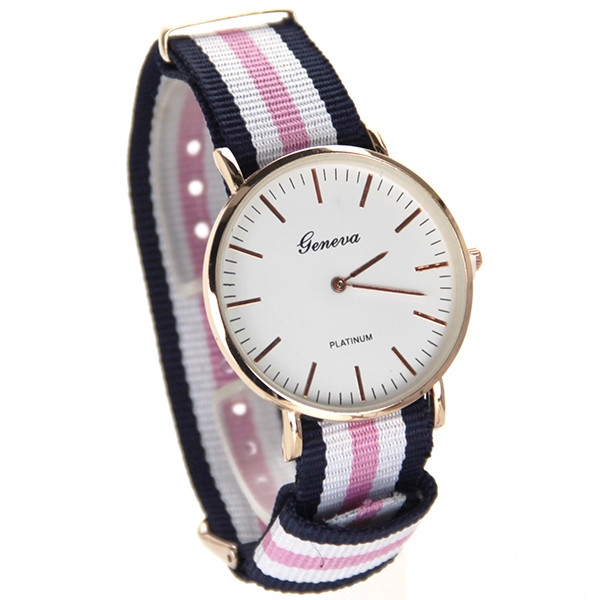 Montre Geneva Platinum - Cadran Bleu/Blanc, Bracelet Nylon Argenté - Neuf Sans Étiquette - Unisexe Adulte