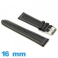 Bracelet cuir véritable Noir pour montre 16mm  Grain lisse