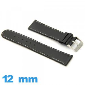 Bracelet cuir Noir 12mm Plat montre Grain Lisse