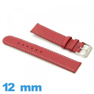 Bracelet cuir véritable Grain Lisse Rouge pour montre 12mm Plat