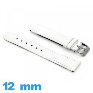 Bracelet cuir véritable Grain Lisse Blanc de montre 12mm Plat