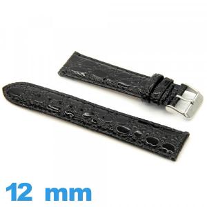 Bracelet 12mm pour montre Noir cuir Rembourré Crocodile