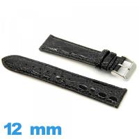 Bracelet 12mm pour montre Noir cuir Rembourré Crocodile