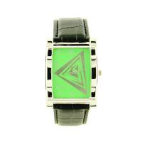 Montre pas chère verte bracelet noir cuir cadran vert motif triangle