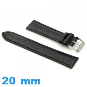 Bracelet 20mm Noir pour montre Rembourré cuir Lisse