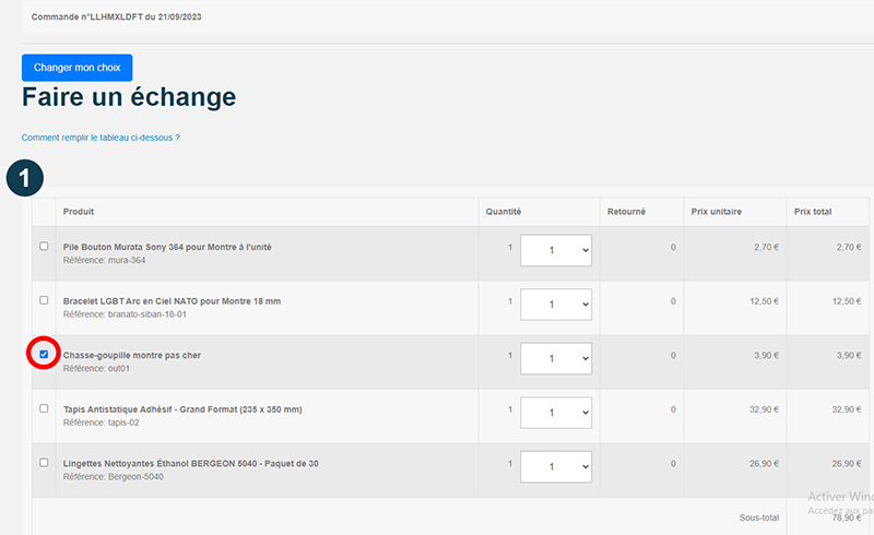Sélection du produit- Échange