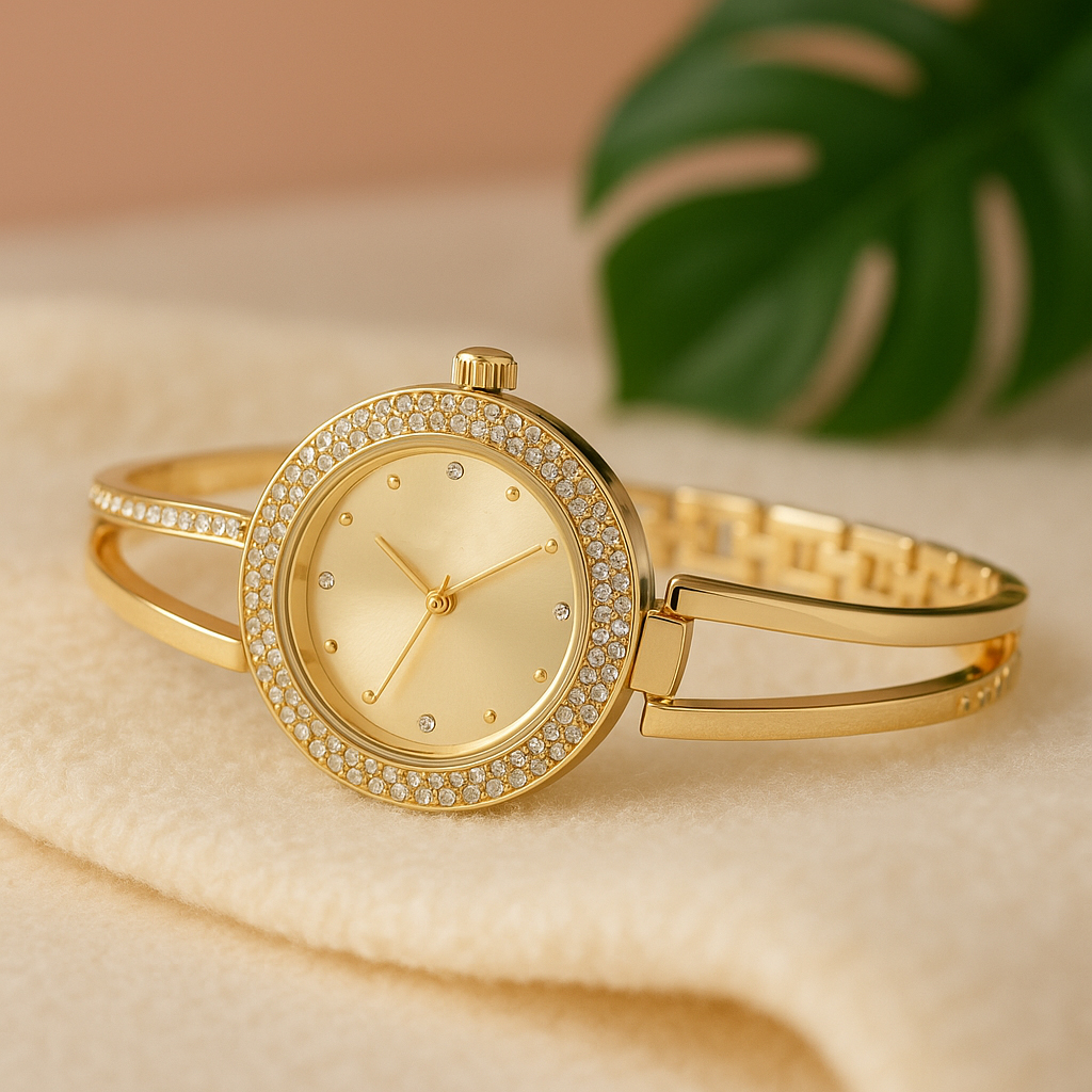 Montre bijoux femme dorée Excellanc avec cadran doré et bracelet serti de strass